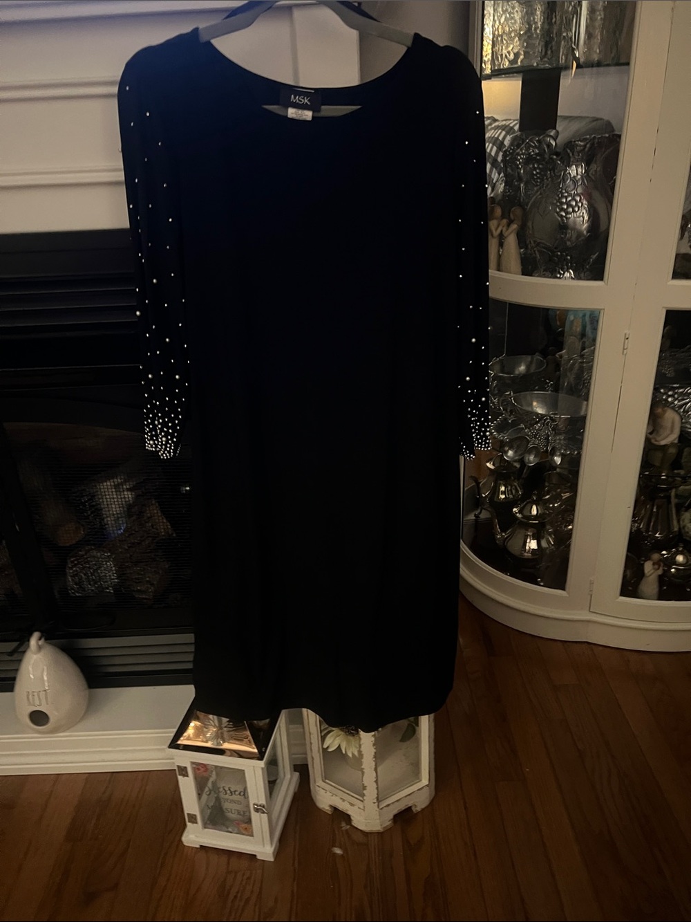 MSK Black Midi Dress with Pearl-Accent Sleeves